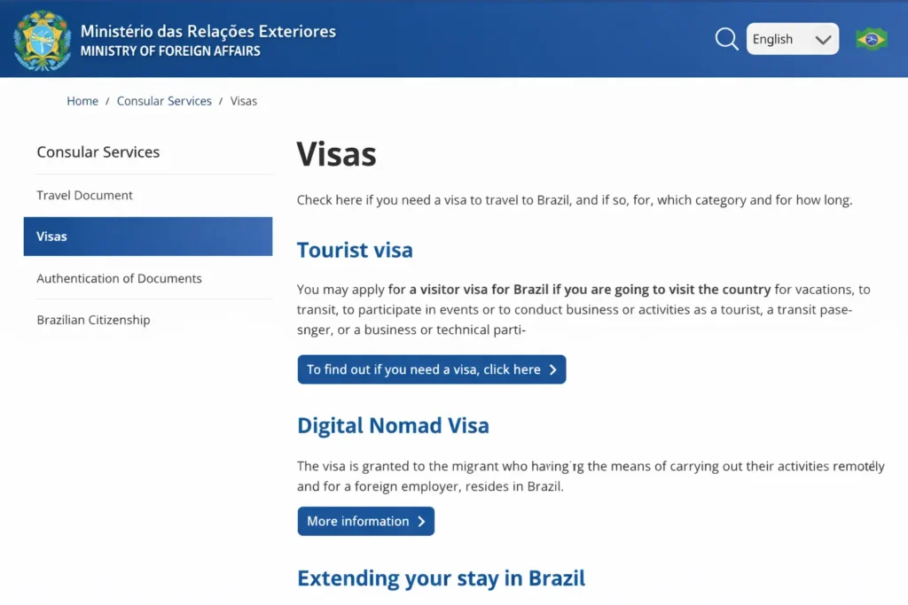 A snippet of an official Brazilian government visa information page
