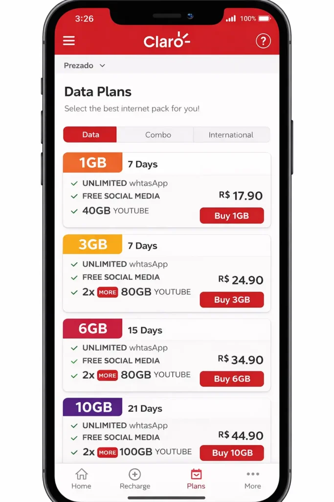 An app interface of a local telecom provider offering data plans