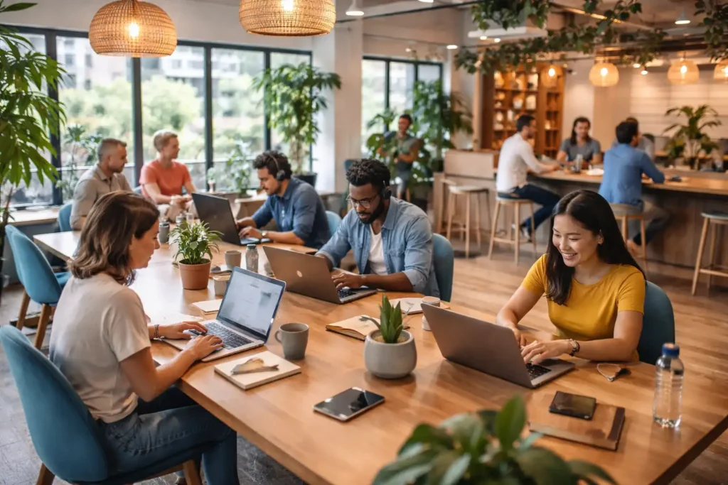 Modern coworking space interior with people working