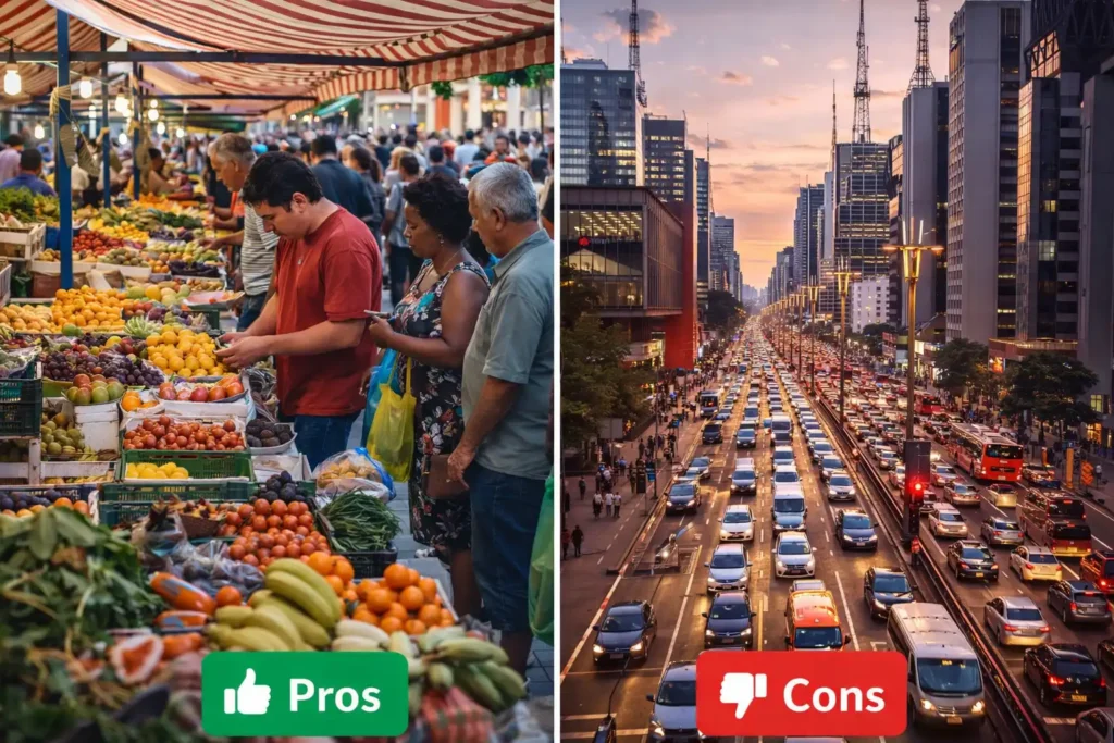 Showing a vibrant street market on one side and a busy Paulista Avenue on the other, symbolizing pros and cons