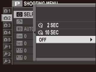 camera menu showing the timer options